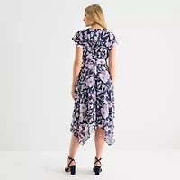 R & K Originals Womens Short Sleeve Floral High-Low Fit + Flare Dress
