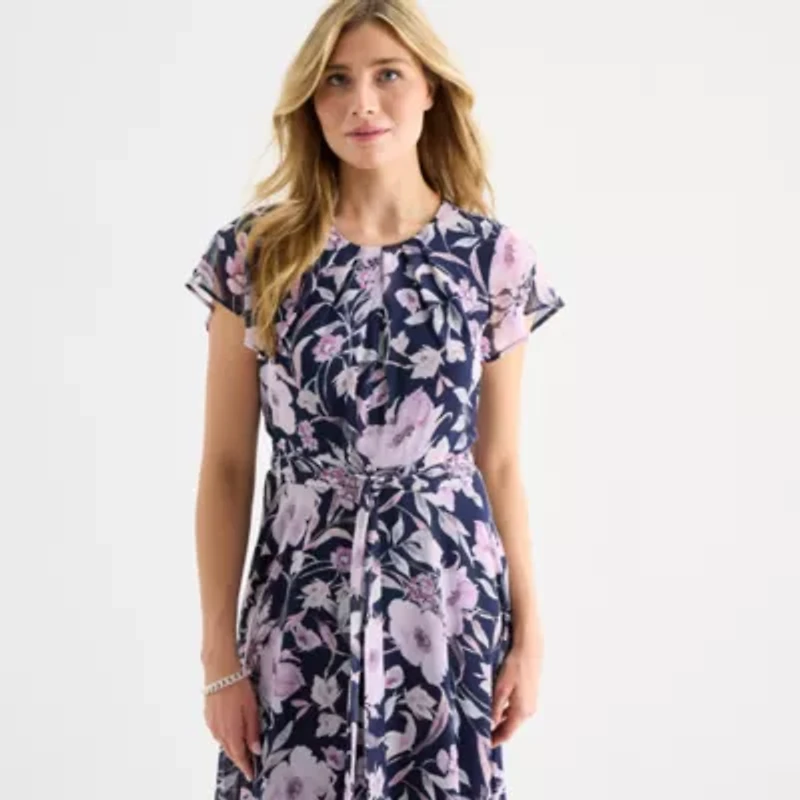 R & K Originals Womens Short Sleeve Floral High-Low Fit + Flare Dress