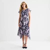 R & K Originals Womens Short Sleeve Floral High-Low Fit + Flare Dress