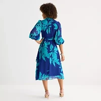 Melonie T Womens 3/4 Sleeve Floral Midi Fit + Flare Dress