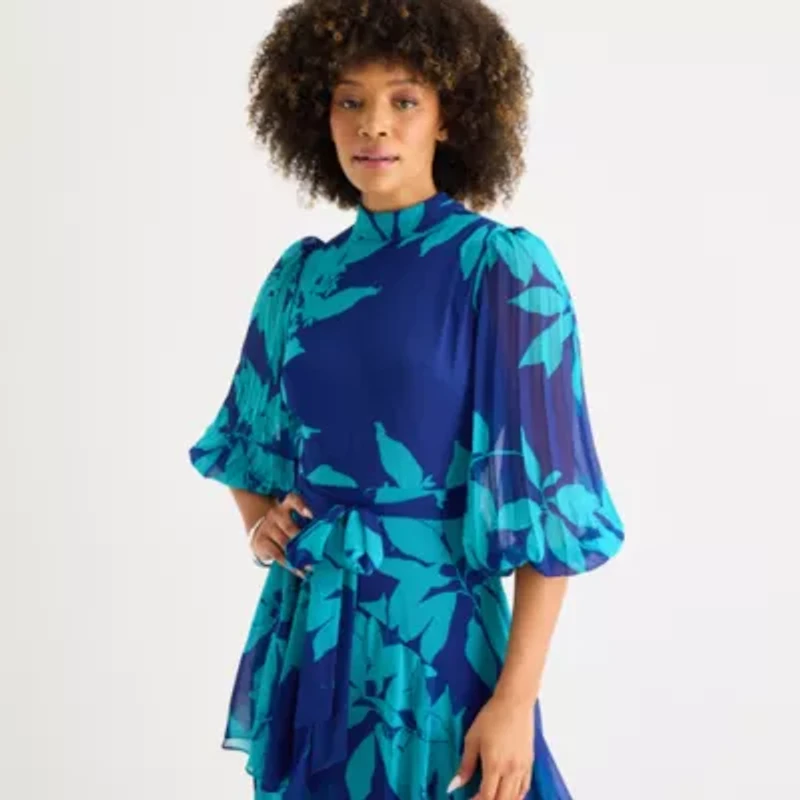 Melonie T Womens 3/4 Sleeve Floral Midi Fit + Flare Dress