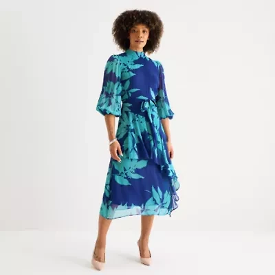 Melonie T Womens 3/4 Sleeve Floral Midi Fit + Flare Dress