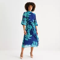 Melonie T Womens 3/4 Sleeve Floral Midi Fit + Flare Dress