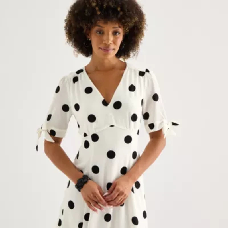 52seven Womens Short Sleeve Dots Midi Fit + Flare Dress
