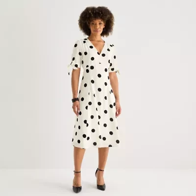 52seven Womens Short Sleeve Dots Midi Fit + Flare Dress