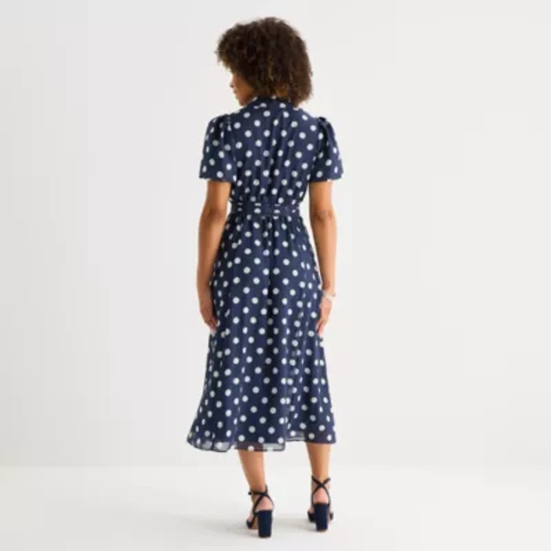52seven Womens Short Sleeve Midi Dots Shirt Dress