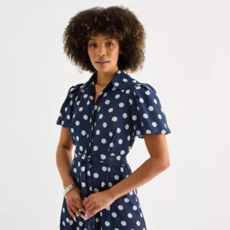 52seven Womens Short Sleeve Midi Dots Shirt Dress