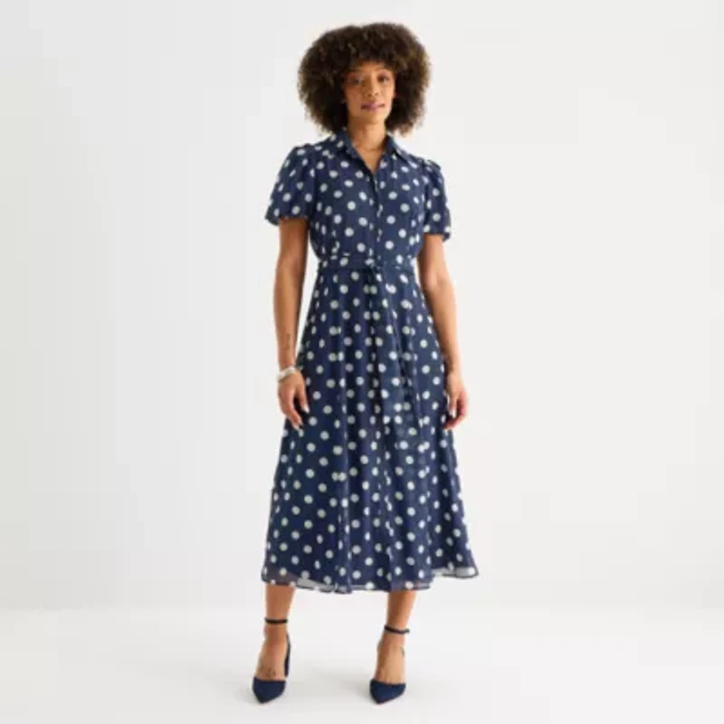 52seven Womens Short Sleeve Midi Dots Shirt Dress