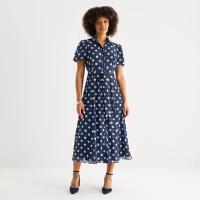52seven Womens Short Sleeve Midi Dots Shirt Dress