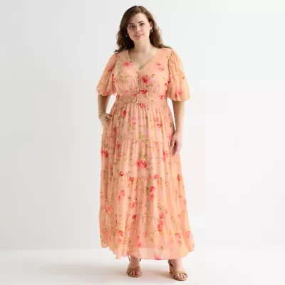 Melonie T Womens Plus 3/4 Sleeve Floral Maxi Dress
