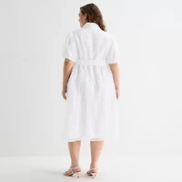 52seven Womens Plus Short Sleeve Midi Dots Shirt Dress