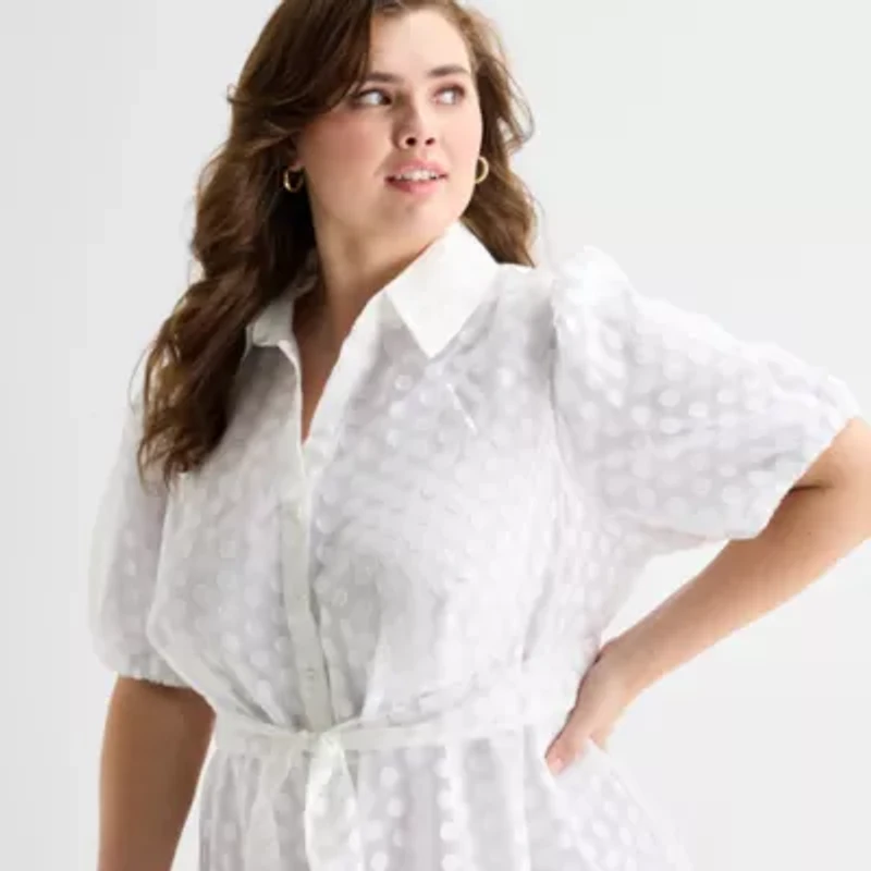 52seven Womens Plus Short Sleeve Midi Dots Shirt Dress