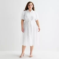 52seven Womens Plus Short Sleeve Midi Dots Shirt Dress