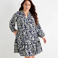 Be by CHETTA B Womens Plus Long Sleeve Abstract Shift Dress