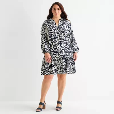 Be by CHETTA B Womens Plus Long Sleeve Abstract Shift Dress