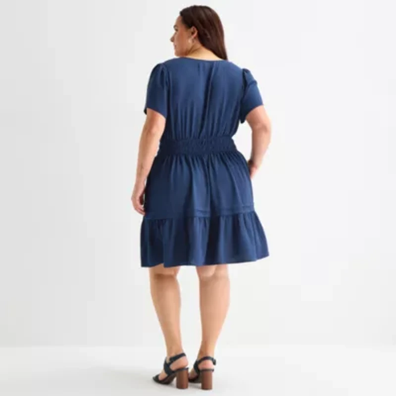 Be by CHETTA B Womens Plus Short Sleeve Fit + Flare Dress