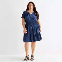 Be by CHETTA B Womens Plus Short Sleeve Fit + Flare Dress