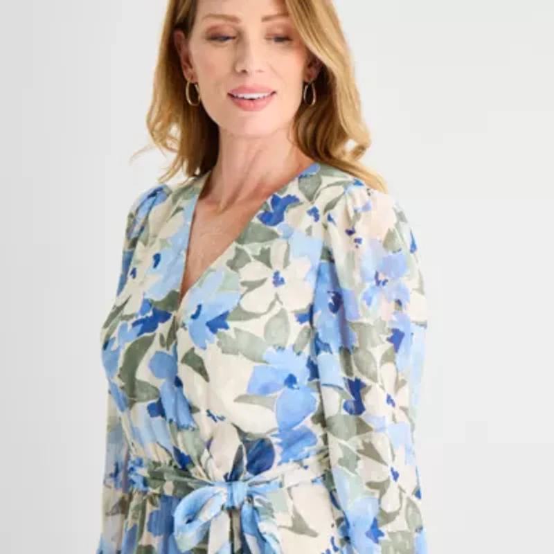 Black Label by Evan-Picone Womens Long Sleeve Floral Midi Fit + Flare Dress