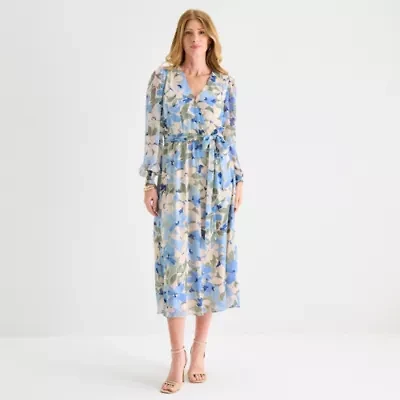 Black Label by Evan-Picone Womens Long Sleeve Floral Midi Fit + Flare Dress