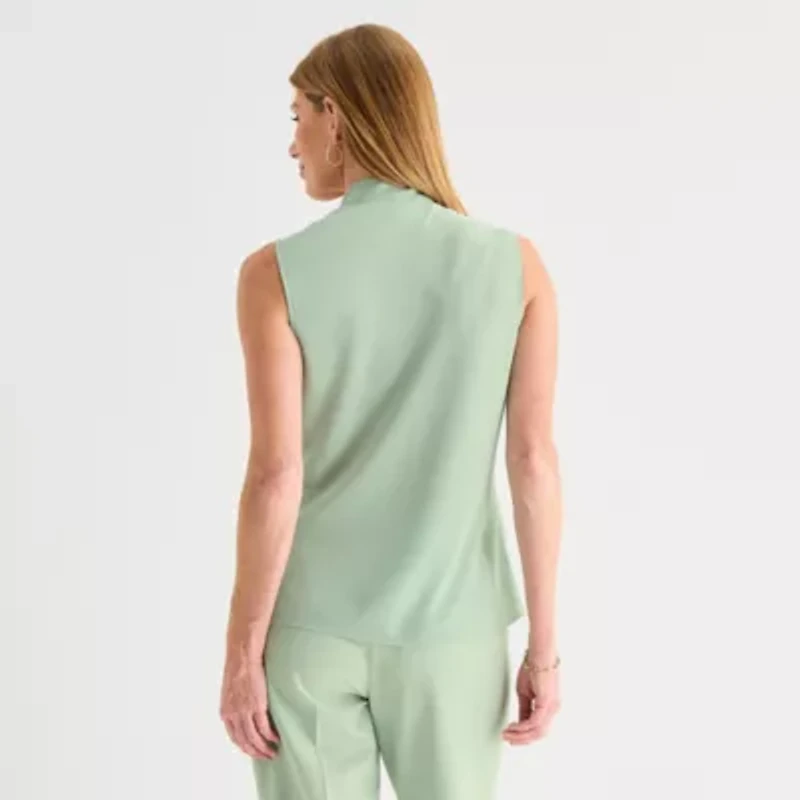 Black Label by Evan-Picone Womens Split Tie Neck Sleeveless Blouse