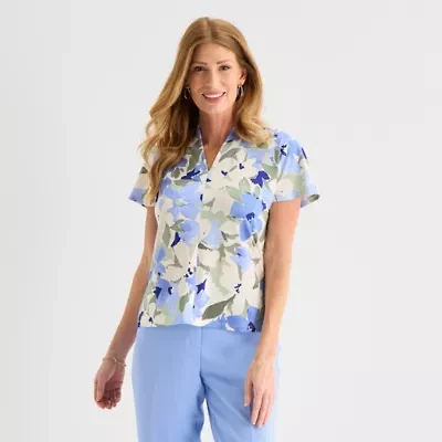 Black Label by Evan-Picone Womens V Neck Short Sleeve Blouse