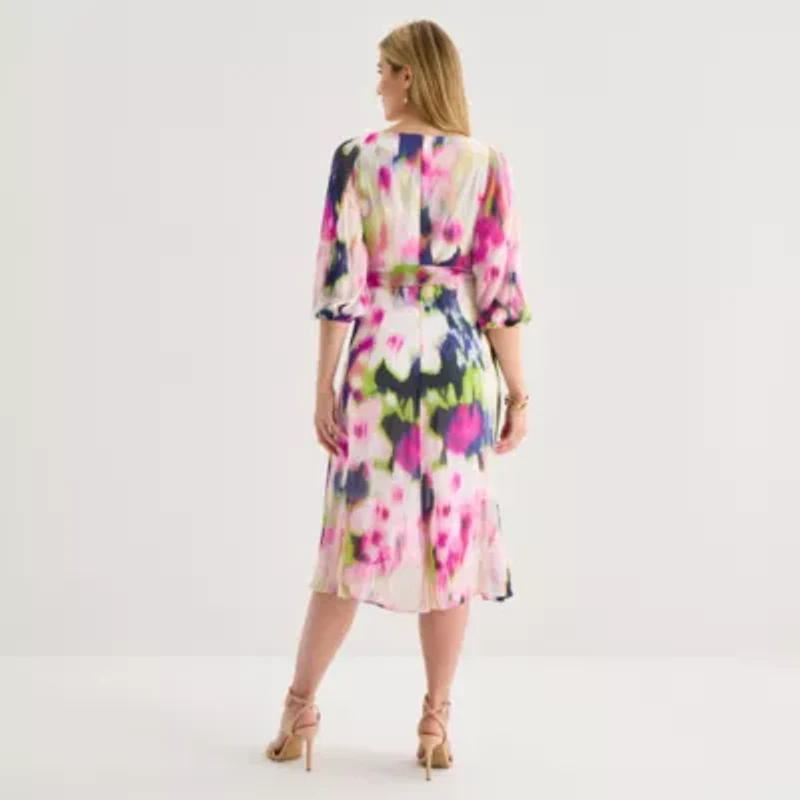 Marc New York Womens 3/4 Sleeve Abstract Midi Fit + Flare Dress