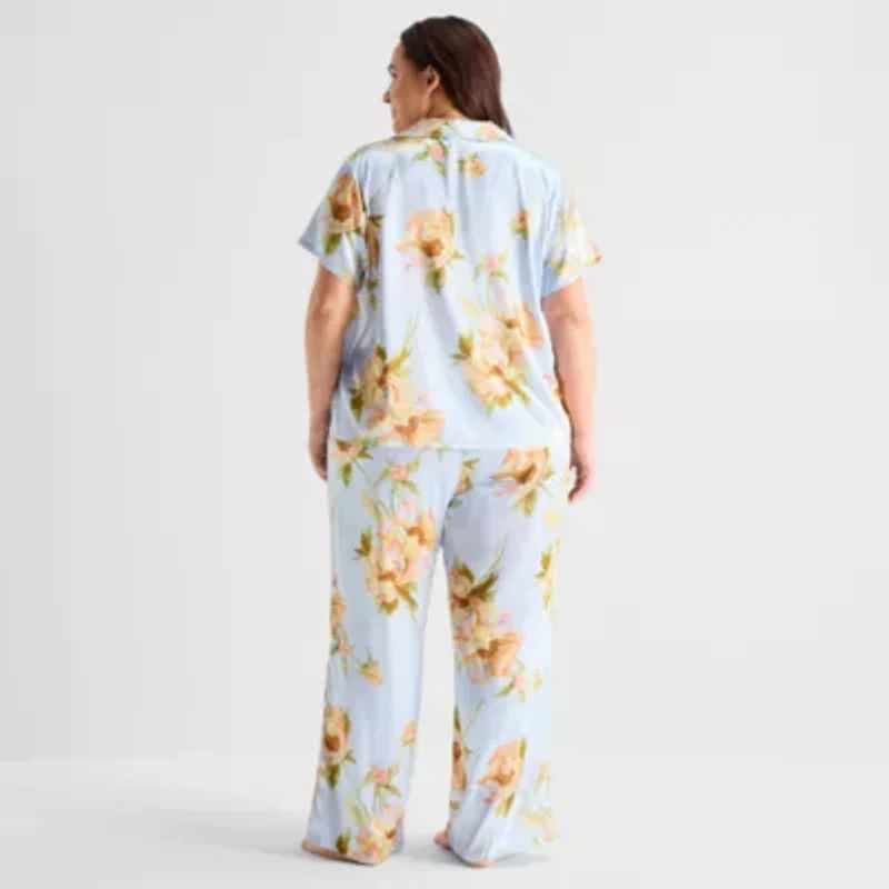 Ambrielle Womens Satin V-Neck Short Sleeve 2-pc. Plus Pajama Sets