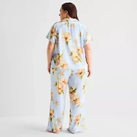 Ambrielle Womens Satin V-Neck Short Sleeve 2-pc. Plus Pajama Sets