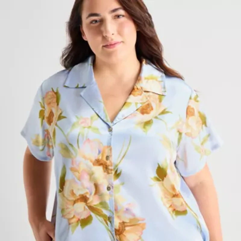 Ambrielle Womens Satin V-Neck Short Sleeve 2-pc. Plus Pajama Sets