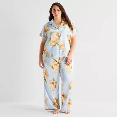 Ambrielle Womens Satin V-Neck Short Sleeve 2-pc. Plus Pajama Sets