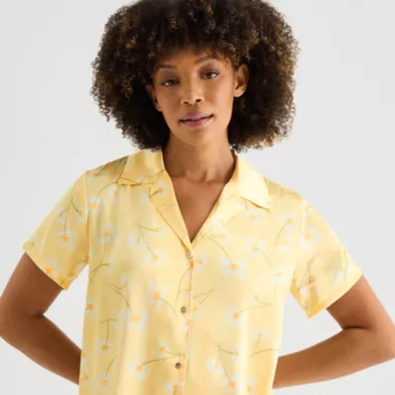 Ambrielle Womens Satin V-Neck Short Sleeve 2-pc. Pajama Set