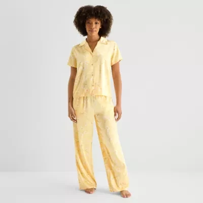 Ambrielle Womens Satin V-Neck Short Sleeve 2-pc. Pajama Sets