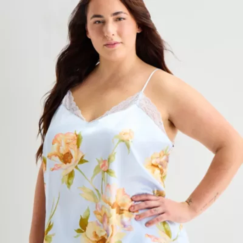 Ambrielle Womens Satin V-Neck Sleeveless 2-pc. Plus Pajama Sets