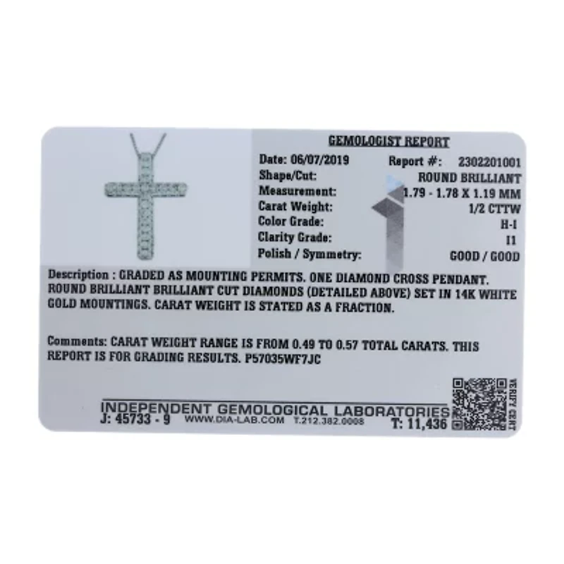 Womens 1/2 CT. T.W. Natural White Diamond 14K Gold Cross 18 Inch Pendant Necklace