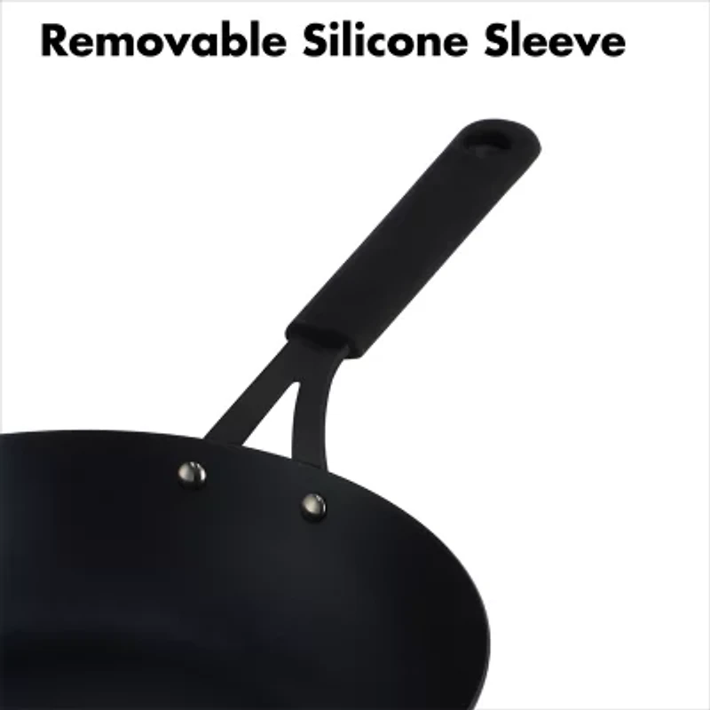 OXO Black Steel 12" Wok with Helper Handle & Silicone Sleeve