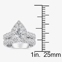 (I / I1) Womens 4 CT. T.W. Lab Grown White Diamond 10K Gold Pear Side Stone Halo Bridal Set