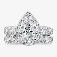 (I / I1) Womens 4 CT. T.W. Lab Grown White Diamond 10K Gold Pear Side Stone Halo Bridal Set