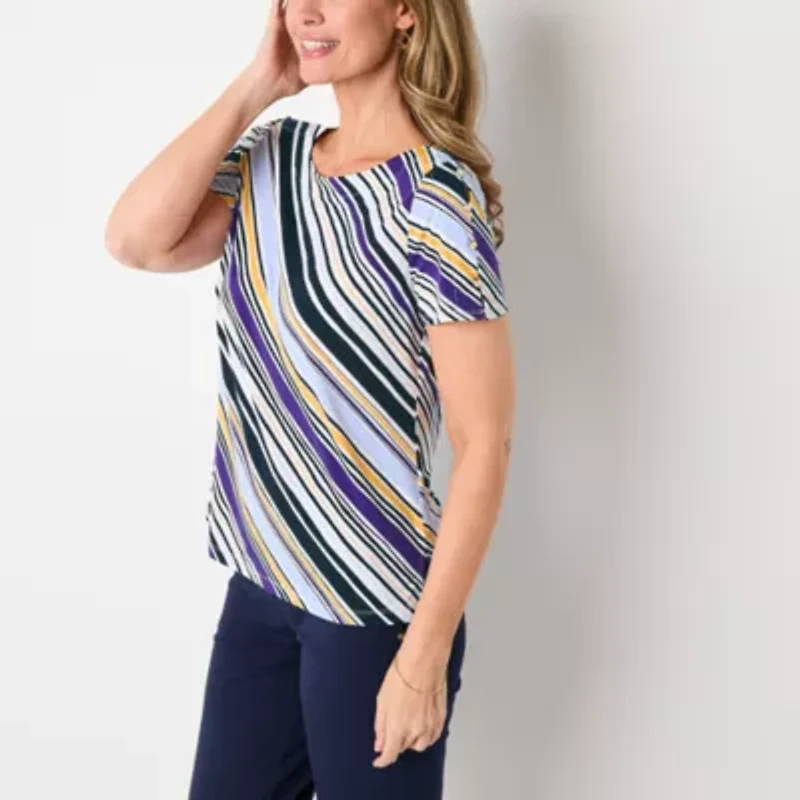 Liz Claiborne Womens Easy-on + Easy-off Round Neck Short Sleeve Adaptive Blouse