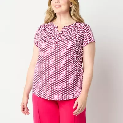 Liz Claiborne Womens Split Crew Neck Short Sleeve Plus Blouse