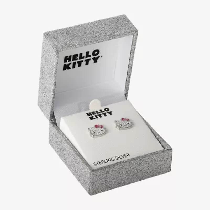 Girls White Crystal Sterling Silver 8.1mm Hello Kitty Hoop Earrings