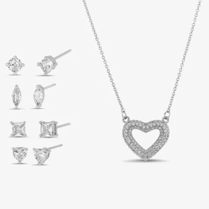 olivia and jackson Womens Cubic Zirconia Pure Silver Over Brass Heart Round Marquise 5-pc. Jewelry Set with Travel Case