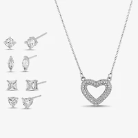 olivia and jackson Womens Cubic Zirconia Pure Silver Over Brass Heart Round Marquise 5-pc. Jewelry Set with Travel Case