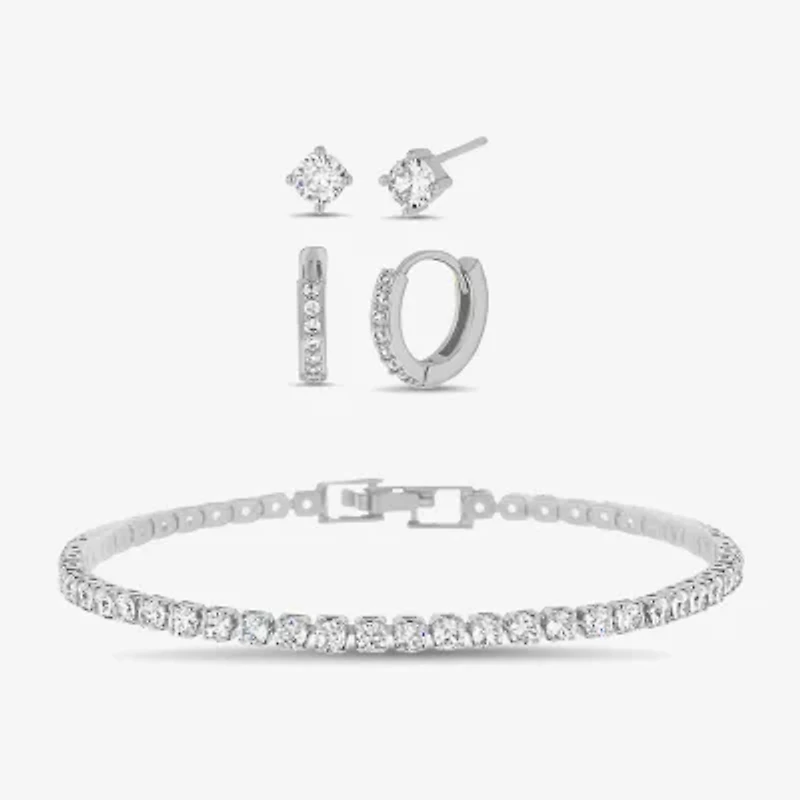 olivia and jackson Womens Cubic Zirconia Pure Silver Over Brass Round 3-pc. Jewelry Set with Travel Case
