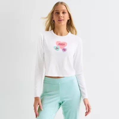 Juicy By Couture Womens Juniors Crew Neck Long Sleeve Classic Fit Graphic T-Shirt