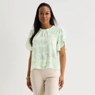 Liz Claiborne Womens Round Neck Short Sleeve Blouse