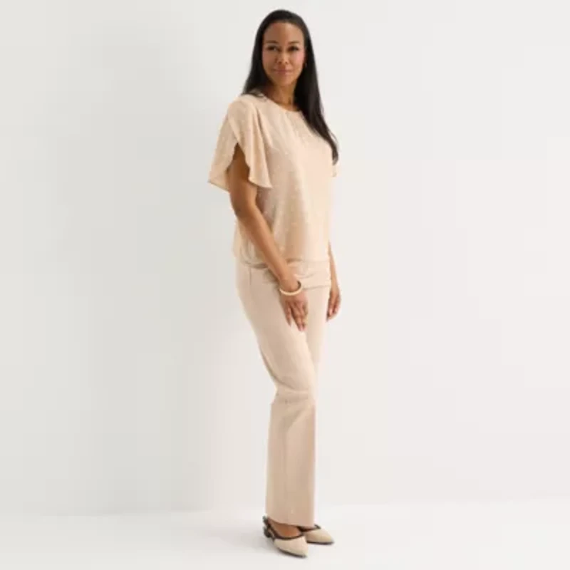 Liz Claiborne Womens Round Neck Short Sleeve Blouse