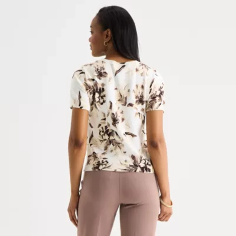 Liz Claiborne Womens Crew Neck Short Sleeve Floral Pullover Sweater