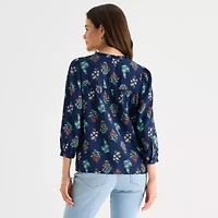 St. John's Bay Womens Split Tie Neck 3/4 Sleeve Blouse