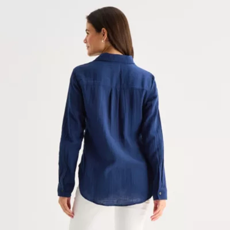 St. John's Bay Womens Long Sleeve Relaxed Fit Button-Down Shirt