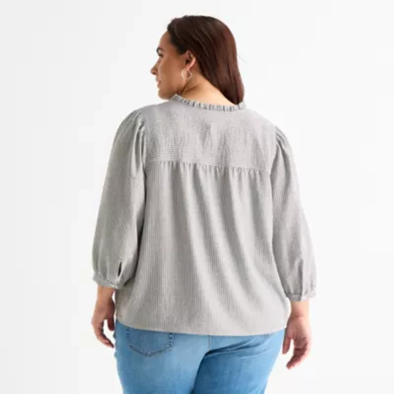 St. John's Bay Womens Plus V Neck 3/4 Sleeve Blouse